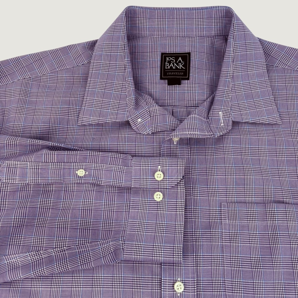 Jos. A. Bank Traveler Shirt Mens XL Purple Glen Plaid Tailored Fit Cotton LS